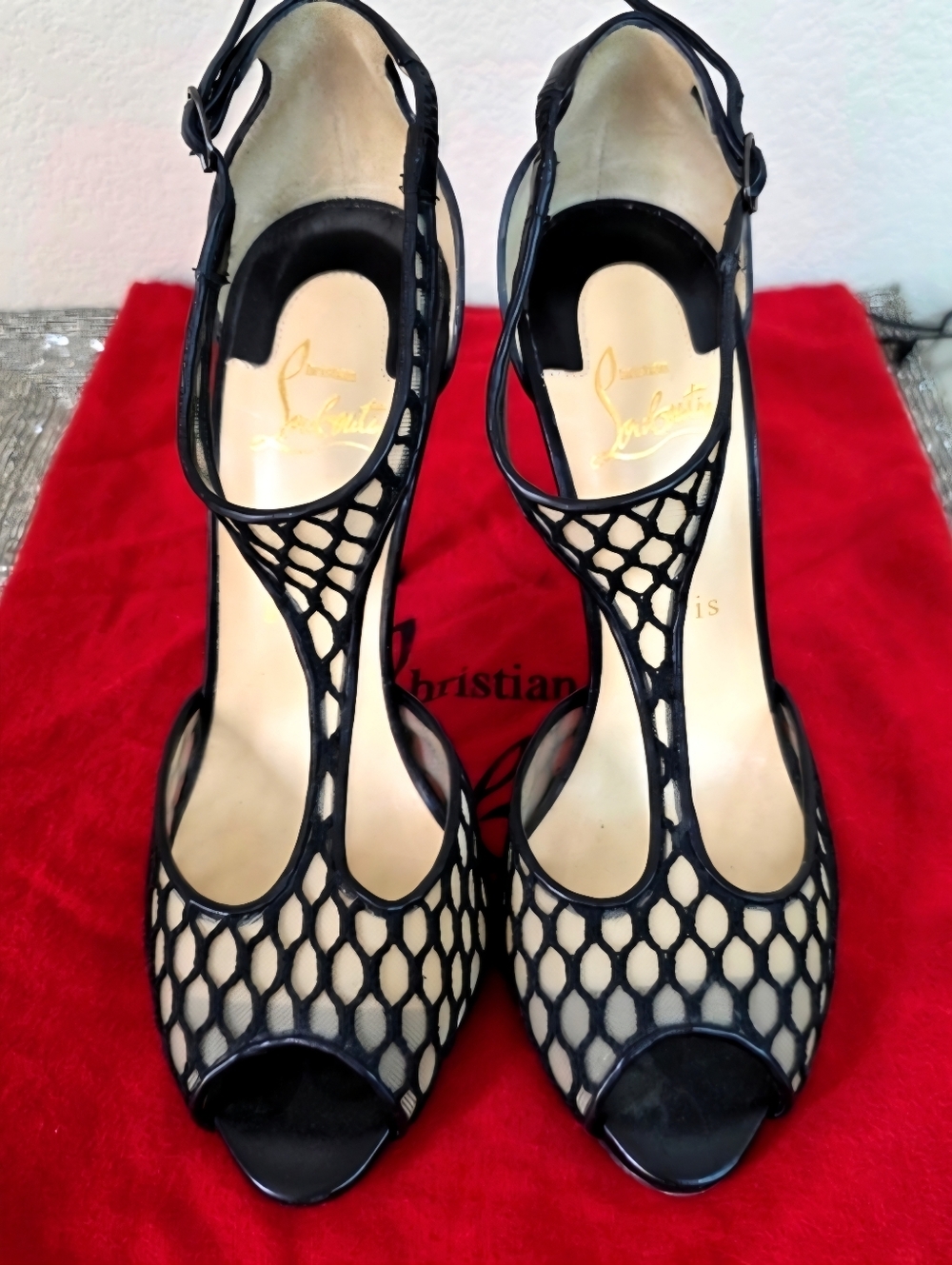 Christian Louboutin Black Leather Sheer Mesh Peep-Toe Heels EU 38 / US 8 - Picture 6 of 13
